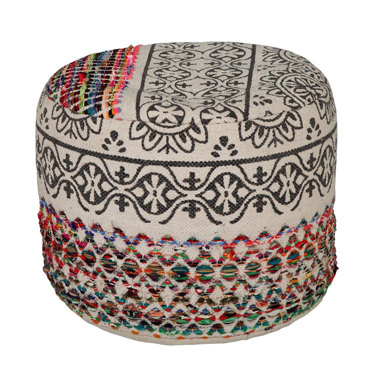 Laddha Home Designs 18" White and Black Bohemian Hand Loomed Round Pouf Ottoman
